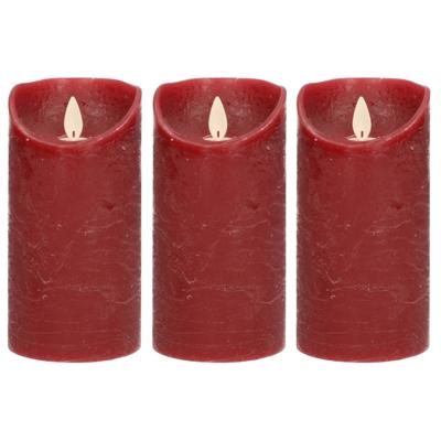 Led kaars/stompkaars - 3x - bordeaux rood - H15 x D7,5 cm - wax - warm wit licht - bewegende vlam