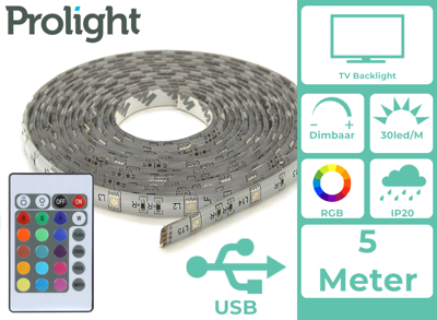 Prolight LED-Strip - Multicolour - 2 Meter - USB-Aangedreven - Voor TV - Met Afstandsbediening