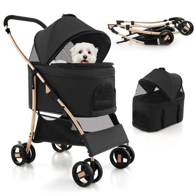 3-in-1 Huisdierwagen met Verwijderbare Drager Opvouwbare Transportwagen voor Honden & Katten 4-Wiel Reiswagen Zwart