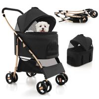 3-in-1 Huisdierwagen met Verwijderbare Drager Opvouwbare Transportwagen voor Honden & Katten 4-Wiel Reiswagen Zwart