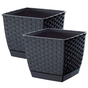 Set van 4x stuks plantenpot/bloempot rotan kunststof 22 x 22 cm en hoogte 19 cm antraciet grijs