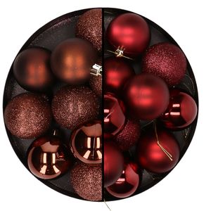 24x stuks kunststof kerstballen mix van donkerbruin en donkerrood 6 cm