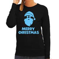 Foute kersttrui/sweater voor dames - Merry Christmas - zwart - glitter blauw - Kerstman - thumbnail