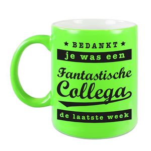 Collega cadeau mok / beker neon groen een fantastische collega laatste week afscheid / pensioen kado