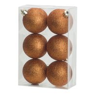 6x stuks kunststof glitter kerstballen oranje 8 cm