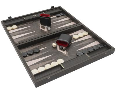 De Manopoulos Luxe Backgammon Set van Ebbenhout en Grijze Eik met Vinyl Deluxe Bekers.