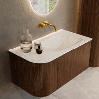 Badmeubel Mondiaz Kurve-Dlux | 85 cm | Meubelkleur Walnut | Wastafelkleur Ostra | Solid surface | Rechts spoelbak | Zonder kraangat(en)
