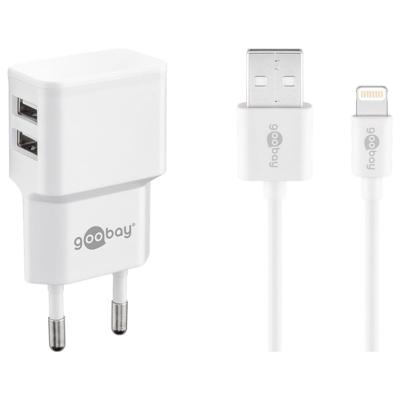 Dual USB-A oplader - USB-A adapter - Apple Lightning oplader - Eurostekker type-C - CEE 7/16 - 12W - 2400mA - 5V - Wit