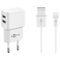 Dual USB-A oplader - USB-A adapter - Apple Lightning oplader - Eurostekker type-C - CEE 7/16 - 12W - 2400mA - 5V - Wit