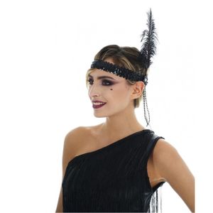 Chaks Charleston hoofdband - met pauwen veer en kraaltjes - zwart - dames - jaren 20 thema   -