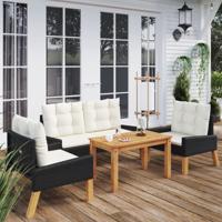 4-delige Loungeset met kussens poly rattan en massief hout - thumbnail