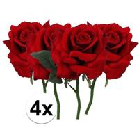Kunstbloem Roos de luxe - 4x - rood - 30 cm - kunststof steel - decoratie bloemen