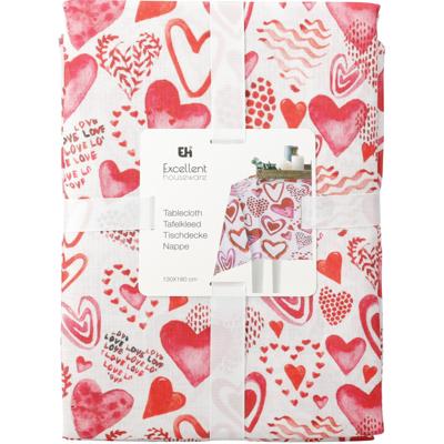 Hartjes tafelkleed - wit/rood/roze - 130 x 180 cm - polyester - Valentijn - liefde - romantisch