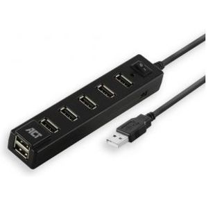 ACT USB Hub 2.0, 7x USB-A, aan- en uit schakelaar, zwart