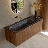 Mondiaz KURVE-DLUX 125 cm Onderkast Greeploos 1 Lade Met Deuren Walnut, Wastafel Solid Surface Links Lava 0 Kraangaten Zonder Spiegel (KRVBGM125R1L1D0KL-Wal/Lav)
