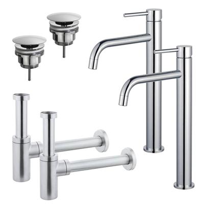 Fortifura Calvi Slim Wastafelkraanset - voor dubbele wastafel - verhoogde wastafelkraan - always open plug - design sifon - Chroom 2x SW377813/2x SW696209/2x SW696214