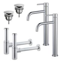 Fortifura Calvi Slim Wastafelkraanset - voor dubbele wastafel - verhoogde wastafelkraan - always open plug - design sifon - Chroom 2x SW377813/2x SW696209/2x SW696214