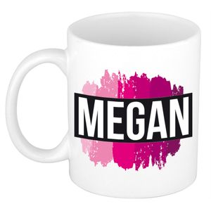 Naam cadeau mok / beker Megan  met roze verfstrepen 300 ml   -