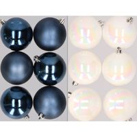 12x stuks kunststof kerstballen mix van donkerblauw en parelmoer wit 8 cm - thumbnail
