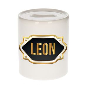 Naam cadeau spaarpot Leon met gouden embleem