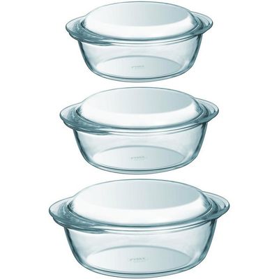 3x Ronde glazen ovenschalen met deksel 1,4/2,1/3 liter