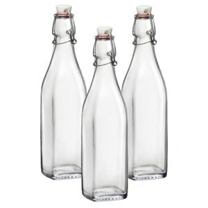 Bormioli Rocco beugelfles/weckfles - 3x - 1 liter - glas - vierkant - water/olie/azijn/sapjes