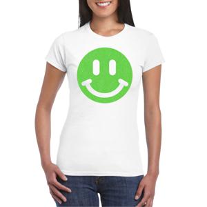 Verkleed T-shirt voor dames - smiley - wit - carnaval/foute party - feestkleding