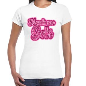 Verkleed T-shirt dames - wit - Maak me gek - roze - panter look - themafeest fout/goud/stout