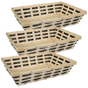 Broodmand rechthoekig - 3x - naturel/zwart - gevlochten bamboe hout - 34 x 24 x 8 cm