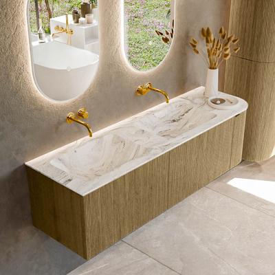 Badmeubel Mondiaz Kurve-Dlux | 155 cm cm | Meubelkleur Dusk | Wastafelkleur Glace | Solid surface | Dubbel / Links spoelbak | Zonder kraangat(en)