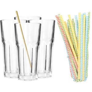 Set van 4x longdrink glazen en 100x duurzame papieren rietjes - 280 ml