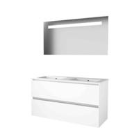 Basic-Line Economic 46 Badkamermeubelset - 120 x 46 cm - Greeploos - 2 Lades - Keramische Wastafel - 2 Kraangaten - Spiegel met LED Verlichting - Ice White