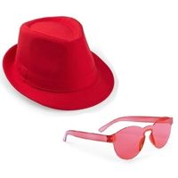 Rood trilby party hoedje met rode zonnebril - thumbnail