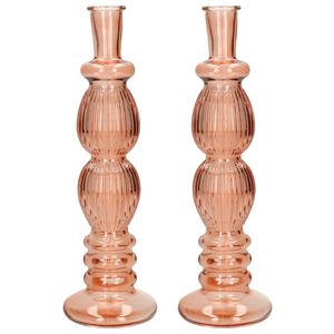 Bloemenvaas Florence - 2x - voor kleine stelen/boeketten - zacht oranje glas - ribbel - D9 x H28 cm