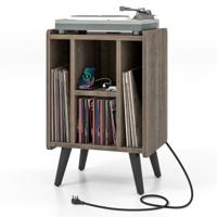 Platenspelerstandaard Vinylplatenhouder met 4 Open Planken Stopcontact en USB-Oplaadpoort Vintage Displayplank Bruin