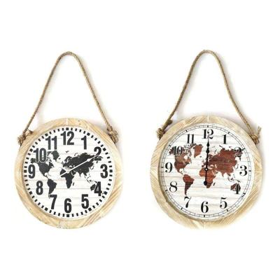 Muurklok DKD Home Decor Zwart Bruin Touw Hout MDF Wereldkaart (2 pcs) (50 x 4 x 50 cm)