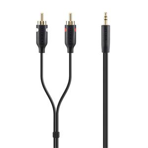 Belkin F3Y116bt2M Cinch / Jackplug Audio Aansluitkabel [2x Cinch-stekker - 1x Jackplug male 3,5 mm] 2.00 m Zwart Vergulde steekcontacten