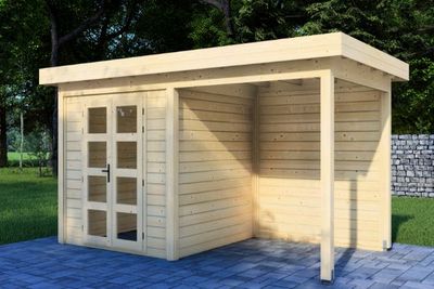 Van Kooten Prime Line blokhut 250x250 cm + overkapping 250 cm + achterwand 28 mm vuren blank- Plat dak- Onbehandeld vurenhout- Van Kooten - Van Kooten