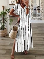 Striped Short Sleeve V Neck Casual Dress - thumbnail