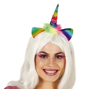 Fiestas Verkleed haarband Unicorn/eenhoorn - regenboog gekleurd - meisjes/dames - met bloemen   -