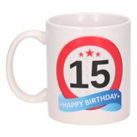 15 jaar Verjaardag koffiemok - cadeau beker - stopbord print - 300 ml - keramiek - wit