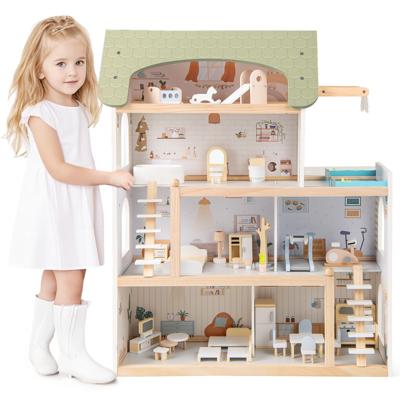 Kinderen Houten Poppenhuis met 33 Meubels DIY Speelhuis met Balkon & Zwembad Poppenhuis Lichtgroen
