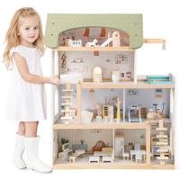 Kinderen Houten Poppenhuis met 33 Meubels DIY Speelhuis met Balkon & Zwembad Poppenhuis Lichtgroen