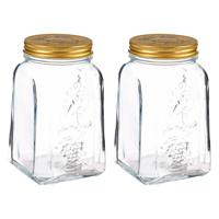 Voorraadpot/bewaarpot Square - 2x - glas - 1,5L - transparant/goud - D10 x H19 cm - voedsel bewaren