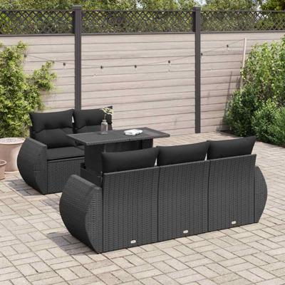 6-delige Loungeset met kussens poly rattan zwart