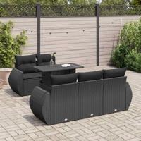6-delige Loungeset met kussens poly rattan zwart