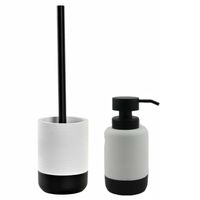 Toiletborstel met houder 38 cm en zeeppompje 300 ml keramiek wit/zwart - Badkameraccessoireset - thumbnail