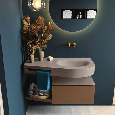 MONDIAZ RIVA 100cm badmeubel onderkast / planchet kleur Rust met 1 lade. Wastafel DULCET rechts 0 kraangaten kleur Smoke.