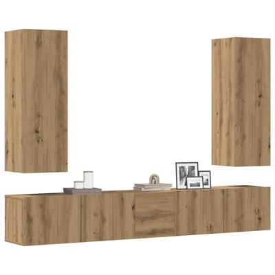 5-delig Tv-meubelset wandmontage bewerkt hout artisanaal eiken