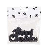 6x stuks Merry Christmas kersthangers zwart van kunststof 10 cm kerstornamenten - thumbnail